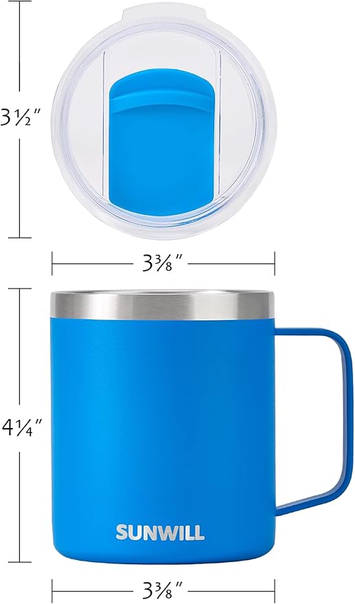 SUNWILL Insulated Coffee Mug with Lid, Travel Tumbler with Handle, 14 oz Stainless Steel Cup for Camping, Office, Home, Powder Coated Royal Blue