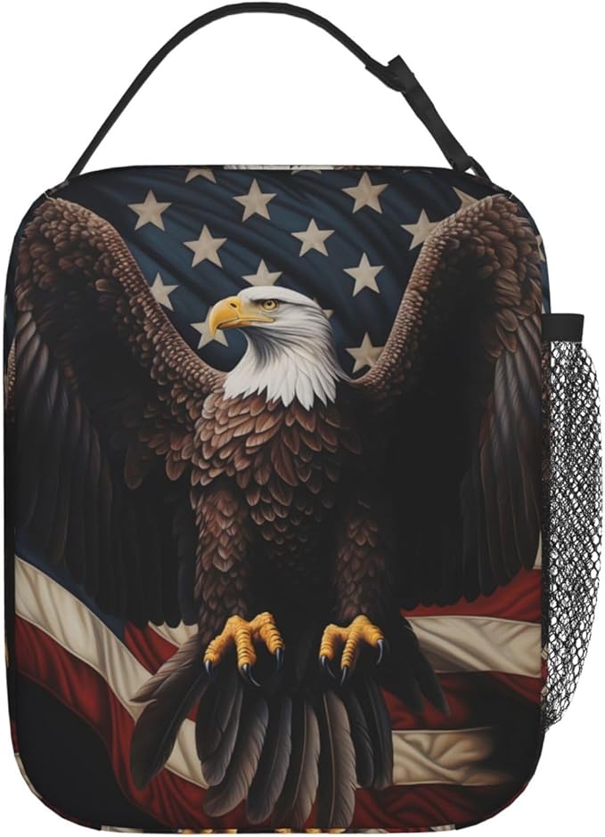 Reusable Patriotic Eagle Lunch Box for Kids, Insulated American Flag Bag,Polyester Cooler Big Bird Lovers Handbags Case for School Picnic Work Travel Beach or Hiking, Gifts