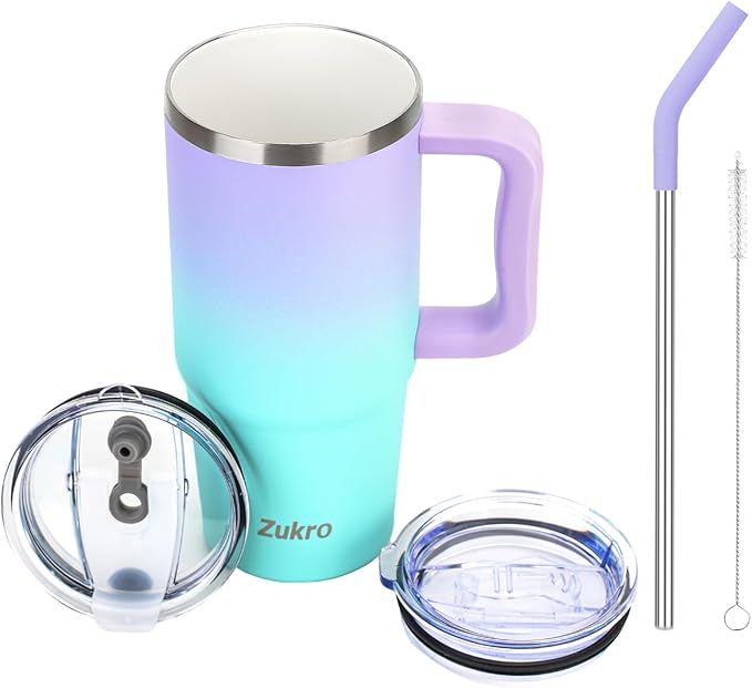 Zukro 24 oz Ceramic Lined Insulated Tumbler with Handle and Straw, No Metal Taste or Smell, Travel Coffee Mug with Spillproof Lids, No Sweat Stainless Steel Cup, Dishwasher Safe