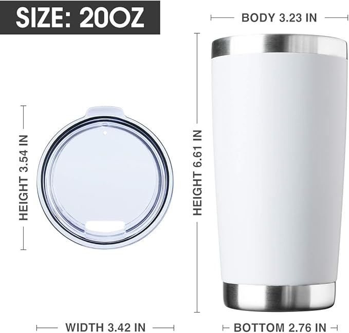 20oz Tumbler Bulk Stainless Steel Vacuum Insulated Tumblers with Lid Double Wall Travel Mug Durable Powder Coated Coffee Cup, Suitable for Ice Drinks and Hot Beverage (White 6pack)
