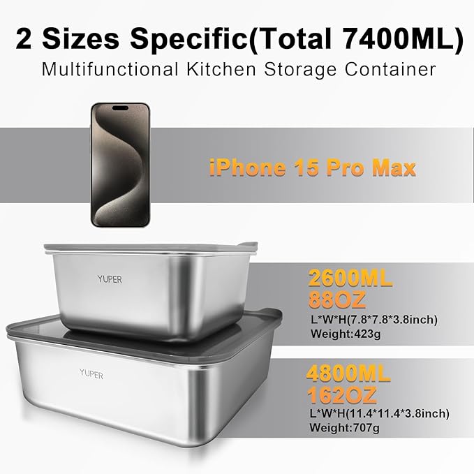 YUPER Stainless Steel Food Containers, Meal Prep Containers, Bacon Cheese Container for Refrigerator, Stainless Steel Containers with Lids Fruit Lunch Storage, 2 Pack (88+162OZ)