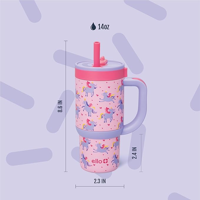 Ello Oasis 14oz Stainless Steel Toddler Tumbler with Handle & Retracting Straw, 100% Leakproof, Double-Wall Vacuum Insulated, Kids Water Bottle for School, BPA Free, Dishwasher Safe, Unicorns