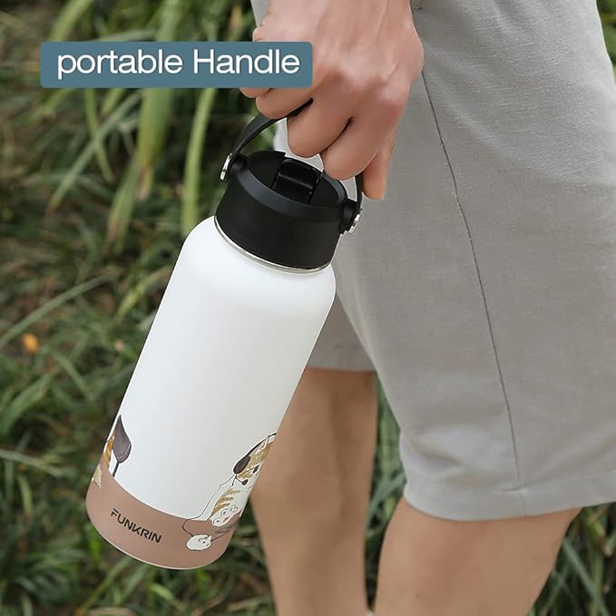 Funkrin Insulated Water Bottle with Straw Lid & Spout Lid, 32oz Personalized Vacuum Stainless Steel Travel Mug, Leak Proof Double Wall Bottle for Hot & Cold Beverages