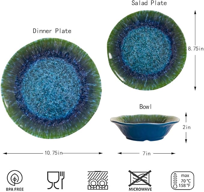 Melamine Dinnerware Set 12 PCS Teal Turquoise Tableware Plates Bowls Blue Green Dishwasher Safe Not Microware Not Oven