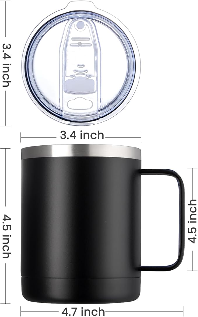 MEWAY 12oz Coffee Mug With Handle 4 Pack Bulk,Stainless Steel Insulated Travel Tumblers With Sliding Lid,Double Wall Vacuum Camping Cup for Hot & Cold Drinks Tea (Black,Set of 4)