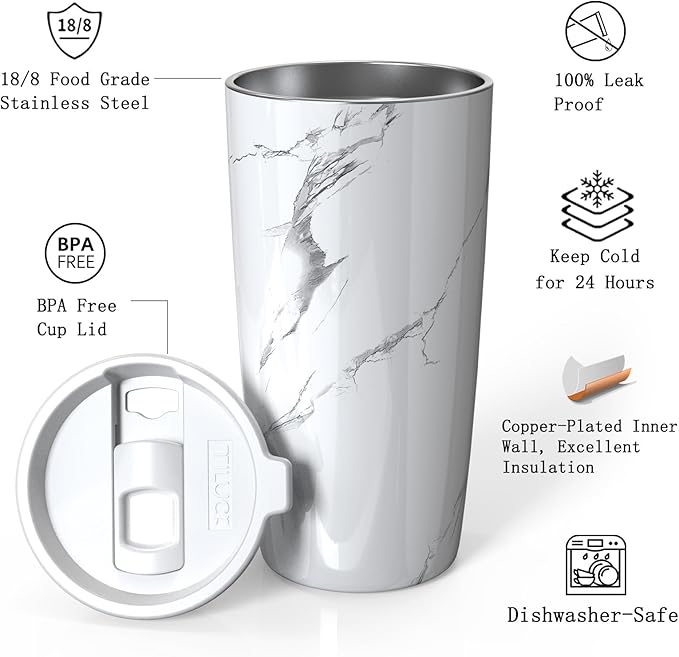 TILUCK 20 oz Tumbler with Leak-Proof Lid, Vacuum Insulated Stainless Steel Coffee Mug, Double-Walled Travel Tumbler for Hot and Cold Drinks(Marble, 20oz)