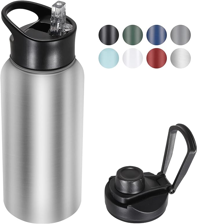 32 oz Insulated Water Bottle with Straw Lid & Wide Mouth Lids, Stainless Steel Sports Water Bottles, Double Walled Vacuum, Leak Proof, Stainless Steel