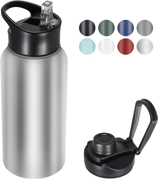 32 oz Insulated Water Bottle with Straw Lid & Wide Mouth Lids, Stainless Steel Sports Water Bottles, Double Walled Vacuum, Leak Proof, Stainless Steel