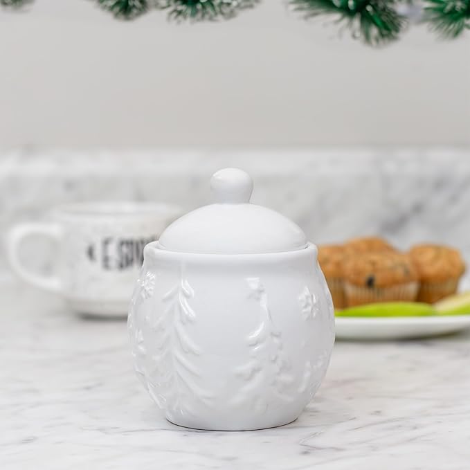AuldHome Design Reindeer Christmas Cream and Sugar Set; Ceramic Embossed White Serving Sugar Bowl and Cream Pitcher