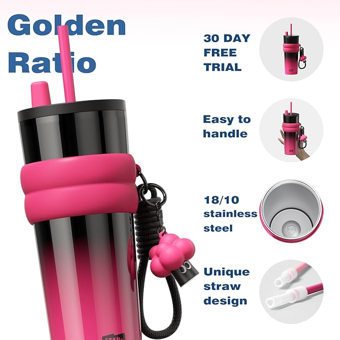 24 oz Stainless Steel Tumbler with Lid and Straw, Insulated Water Bottle Leak Proof for Hot and Cold, Portable Travel Coffee Mug, Reusable Coffee Cup for Women, Black&Pink