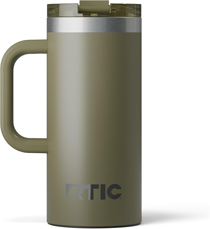 RTIC 16oz Road Trip Travel Mug with Lid and Handle, Ceramic Lined, Insulated, Stainless Steel, Metal, Double Wall Vacuum-Insulation, Portable Coffee, Tea Cup for Hot and Cold Drink, Olive