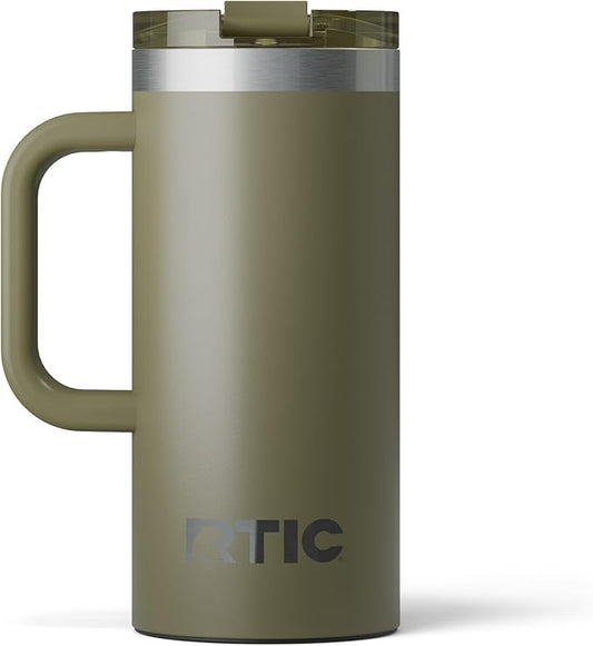 RTIC 16oz Road Trip Travel Mug with Lid and Handle, Ceramic Lined, Insulated, Stainless Steel, Metal, Double Wall Vacuum-Insulation, Portable Coffee, Tea Cup for Hot and Cold Drink, Olive