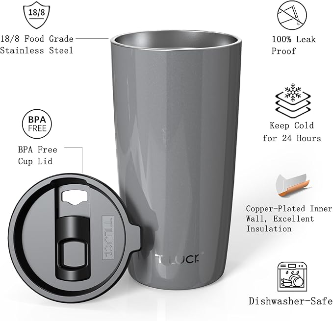 TILUCK 20 oz Tumbler with Leak-Proof Lid, Vacuum Insulated Stainless Steel Coffee Mug, Double-Walled Travel Tumbler for Hot and Cold Drinks(GlitterGray, 20oz)