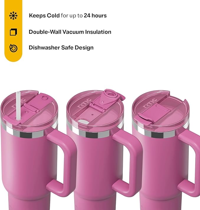 RTIC 40 oz Road Trip Tumbler Double-Walled Cermaic Lined Insulated Stainless Steel Portable Travel Coffee Mug Cup with Lid, Handle and Straw, Orchid