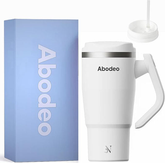 40 oz Insulated Coffee Tumbler with 360° Rotating Handle – Stainless Steel Travel Mug with Straw & Leakproof Lid– Fits Most Car Cup Holders, Hot & Cold Drinks (White)