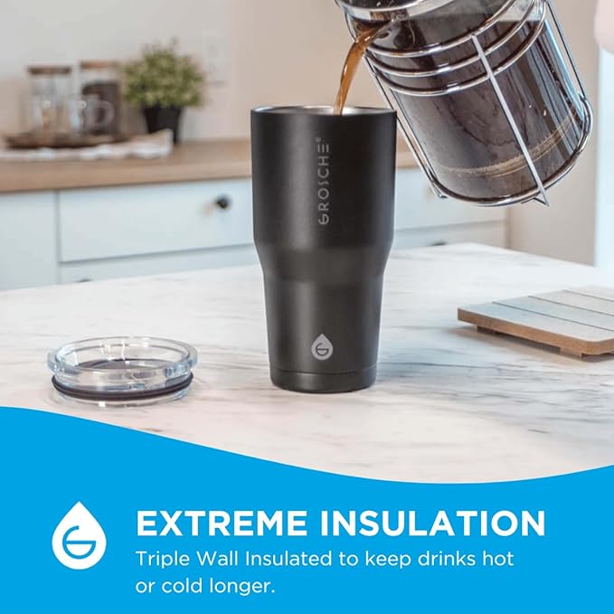 GROSCHE Yukon 20 oz Insulated Coffee Mug with Lid - Durable Travel Mug, Stainless Steel Tumblers, Vacuum Insulated Coffee Tumbler for Hot or Cold Beverages - BLACK