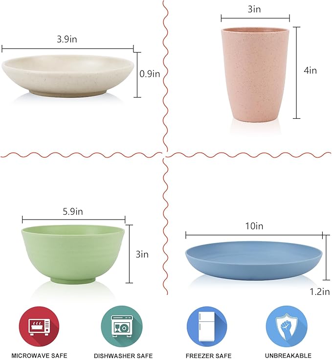 Wrova Wheat straw plates and bowls sets of 16 - Unbreakable wheat straw dinnerware sets for kids - Alternative plastic dinnerware set service for 4 - Microwave safe and Dishwasher safe bowls. Nordic