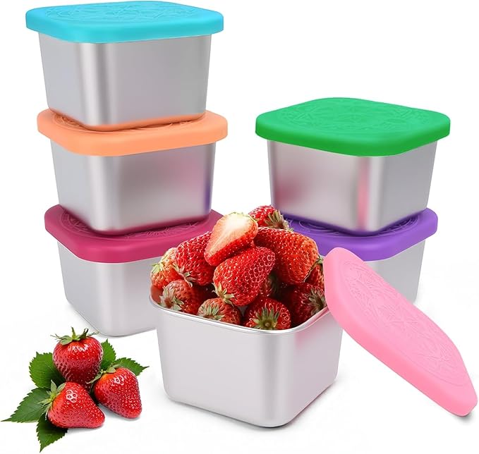 6Pack Stainless Steel Snack Containers for Kids, 6oz Easy Open Sauce Leak Proof Small Food Storage Container with Silicone Lids, Stackable Metal Toddler Lunch Box for Daycare, School and Travel