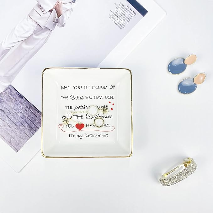 Valentines Retirement Gifts for Women 2024 Retirement Party Decorations Mothers Day Nurse Gifts Trinket Dish Bulk Gifts for Coworkers Ceramic Tray Ring Tray Female Happy Retirement
