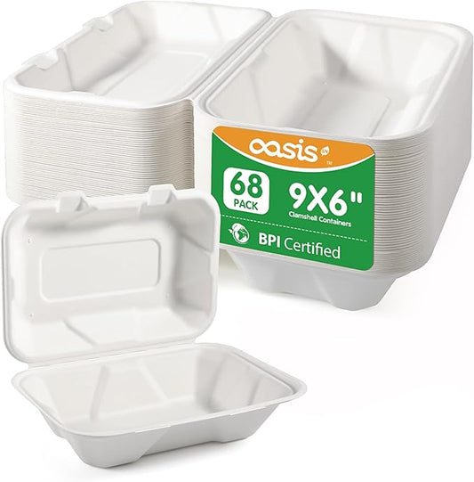 𝟵𝘅𝟲", 𝟲𝟴-𝗣𝗮𝗰𝗸 Clamshell Take Out Food Containers, Compostable Heavy-Duty Disposable Paper Lunch Boxes，Eco-Friendly Biodegradable To Go Containers For Food(White)