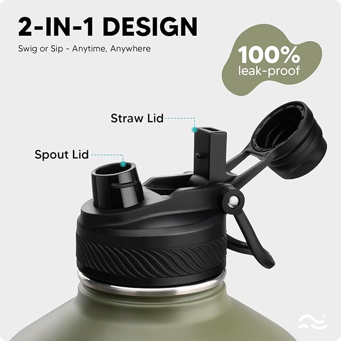 [2-IN-1 LID] Gallon Insulated Water Bottle with Silicone Boot (48hrs Cold/24hrs Hot) - DIY Stickers, Leakproof, BPA Free, 128 oz