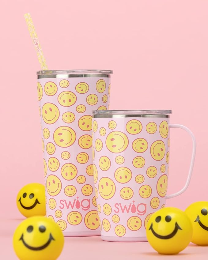 Swig Life 18oz Travel Mug, Insulated Tumbler with Handle and Lid, Cup Holder Friendly, Dishwasher Safe, Stainless Steel, Travel Coffee Cup (Oh Happy Day)