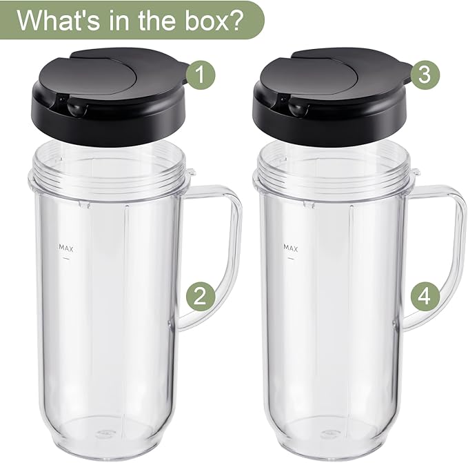 4-piece Tall 22oz Mug Cups with Flip-Top To-Go Lids Replacement Parts Compatible with 250W Magic Bullet Blender Cups MB1001