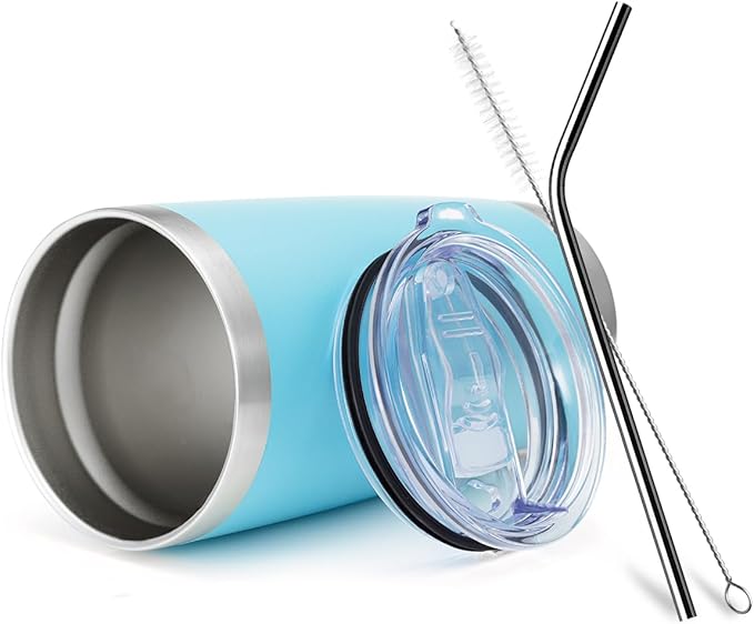 COMOOO 20oz Double Wall Vacuum Insulated Travel Mug, Stainless Steel Tumbler with Lid and Straw Durable Powder Coated Insulated Coffee Cup for Cold & Hot Drinks (Light Blue, 2 pack