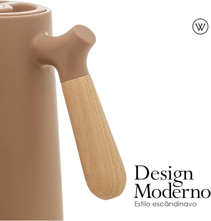 WOLFF - Thermal Coffee Carafe – 34oz/1L Insulated Food-Safe Plastic Exterior and Glass Liner, Wood-Style Handle – Keeps Drinks Hot or Cold for Hours, Coffee and Tea Dispenser - Nude Pink, 34floz/1L