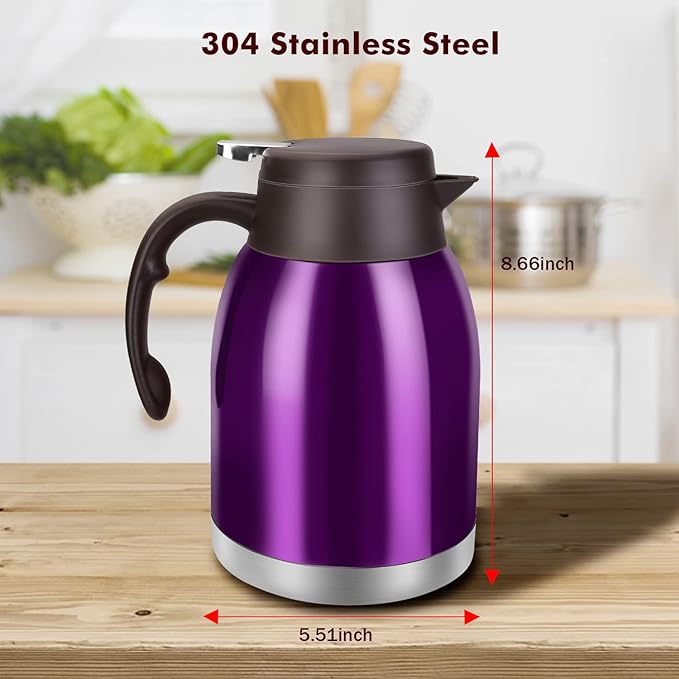 54oz Stainless Steel Thermal Coffee Carafe Dispenser, Unbreakable Double Wall Vacuum Flask 1.6L Water Tea Pot Beverage Pitcher for Hot Coffee for Christmas Carafe (Purple)