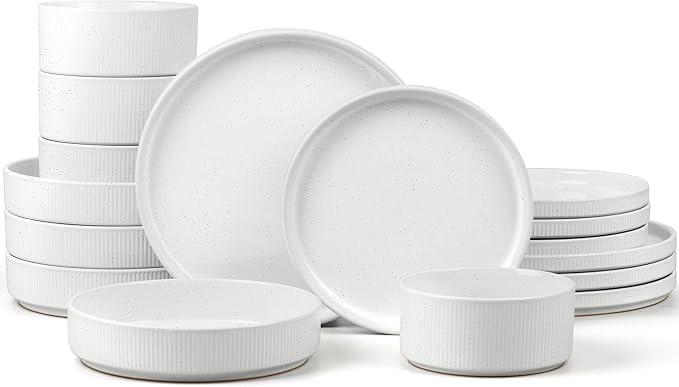 E-far 16 Piece Dinnerware Sets, Plates and Bowls with Pasta Bowls Service for 4, Modern Stoneware Ribbed Dishes for Kitchen Dining, Microwave & Dishwasher Safe, Speckled White