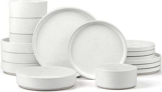 E-far 16 Piece Dinnerware Sets, Plates and Bowls with Pasta Bowls Service for 4, Modern Stoneware Ribbed Dishes for Kitchen Dining, Microwave & Dishwasher Safe, Speckled White