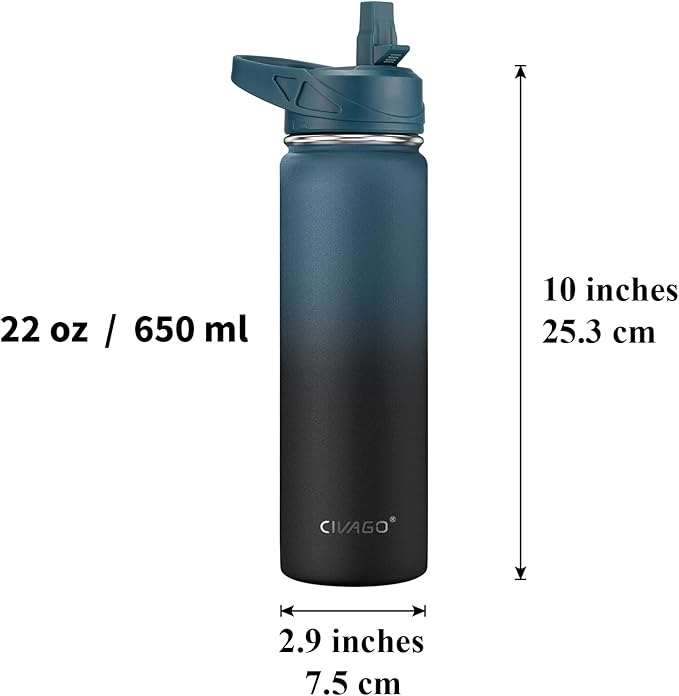 CIVAGO 22 oz Insulated Water Bottle With Straw, Stainless Steel Sports Water Flask Cup with 3 Lids (Straw, Portable Spout and Handle Lid), Double Walled Travel Thermal Canteen Mug, Navy Blue
