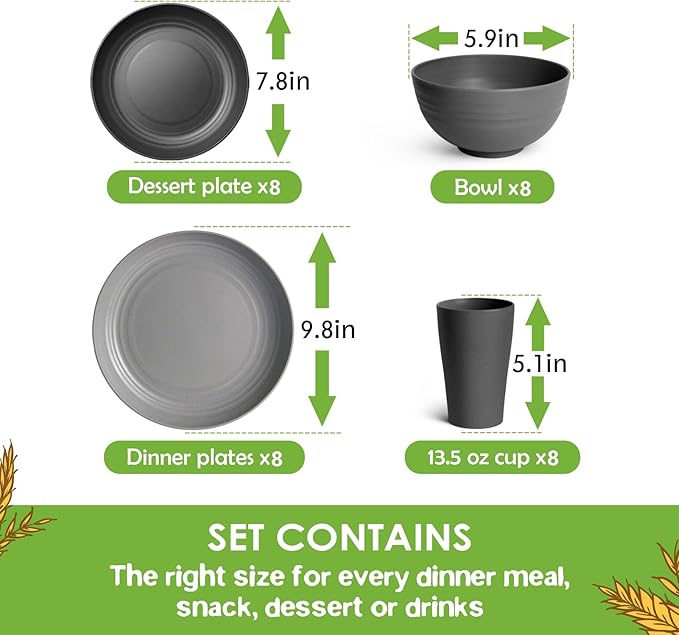 Teivio 32-Piece Kitchen Plastic Wheat Straw Dinnerware Set, Service for 8, Dinner Plates, Dessert Plate, Cereal Bowls, Cups, Unbreakable Colorful Plastic Outdoor Camping Dishes, Gray Ombre