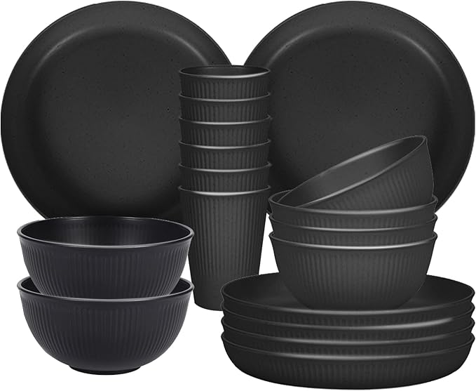 Plates and Bowls Sets, 18 piece Lightweight Unbreakable Dinnerware Set for 6，Camping Plates for Picnic ，Dish Sets with 23cm Plates, 15cm Bowls, Cups for Kitchen （Black）