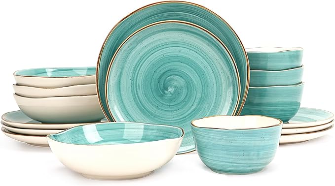 Highland 16-Piece Dinnerware Set Service for 4, Organic Shape Stoneware Plates and Bowls Set, Scratch Resistant, Microwave and Dishwasher Safe, Speckled Effect Handcrafted, Swirl Turquoise