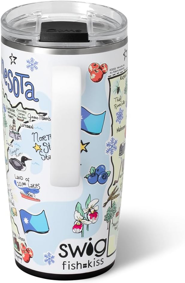 Swig Life 22oz Travel Mug, Insulated Tumbler with Handle and Lid, Travel Coffee Mug, Cup Holder Friendly, Stainless Steel 22 oz Tumbler, Reusable Insulated with Lid (Minnesota)