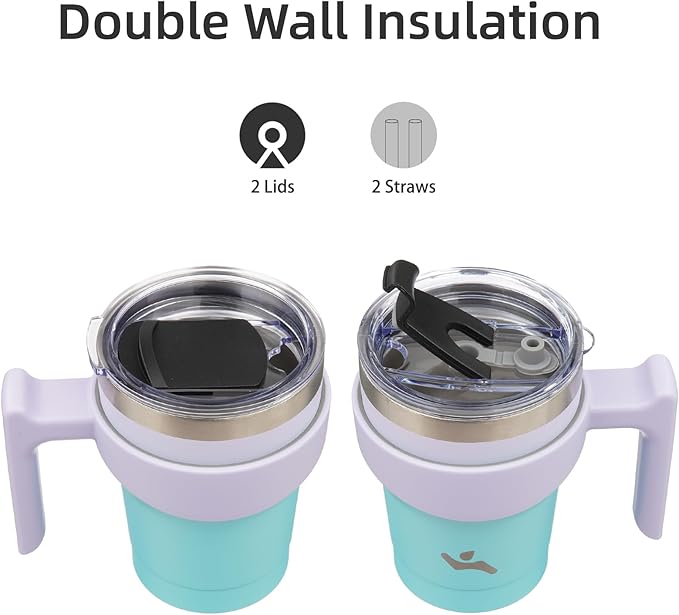 10 oz Tumbler with Handle and 2 Straw 2 Lid, Insulated Water Bottle Stainless Steel Vacuum Cup Reusable Travel Mug, Lavender Green