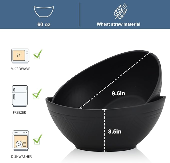 Wrova 65oz Big Wheat Straw Bowls - Large Salad Bowls set of 6 - Unbreakable Serving Bowls - Microwave & Dishwasher Safe - Oval Bowls for Cereal,Salad,Fruit - Pure Black