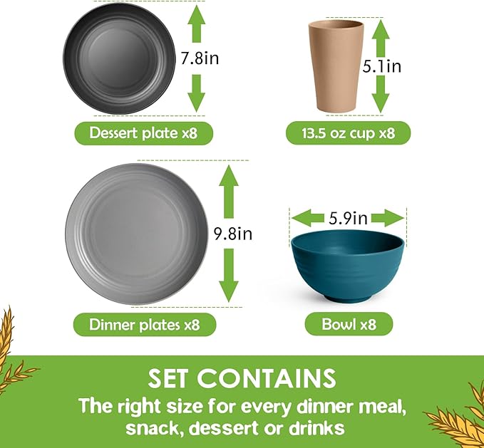 Teivio 32-Piece Kitchen Plastic Wheat Straw Dinnerware Set, Service for 8, Dinner Plates, Dessert Plate, Cereal Bowls, Cups, Unbreakable Colorful Plastic Outdoor Camping Dishes, Cerulean Hues