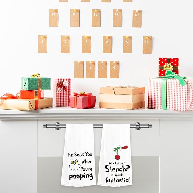 Christmas Kitchen Decor,Christmas Hand Kitchen Towels Set of 2,Xmas Decor He Sees You When You're Pooping Baking Cooking Cloth,Funny Holiday Winter Home Kitchen Decoration 14 x 23 Inches