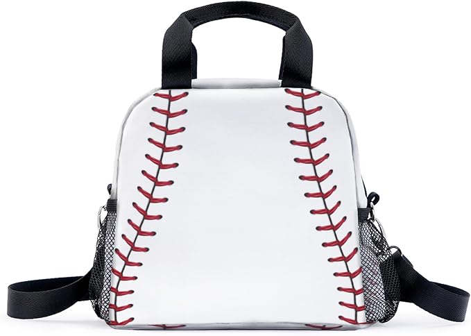 Baseball Pattern Lunch Bag for Women Men Cute Large Capacity Thermal Lunch Tote Reusable Washable with Adjustable Shoulder Strap and Dual Large Mesh Side Pockets