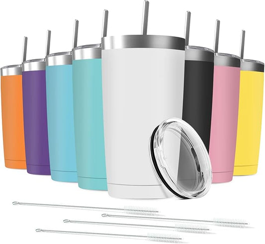 8 Pack 20 oz Stainless Steel Insulated Tumbler with Straw and Lid, Double Wall Travel Coffee Mug Vacuum Insulated Bulk Tumbler, Suitable for Vehicle Cup Holders(Assorted Colors)