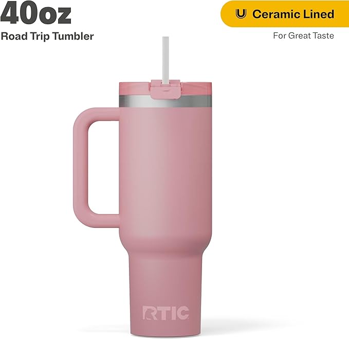 RTIC 40 oz Road Trip Tumbler Double-Walled Cermaic Lined Insulated Stainless Steel Portable Travel Coffee Mug Cup with Lid, Handle and Straw, Dusty Rose