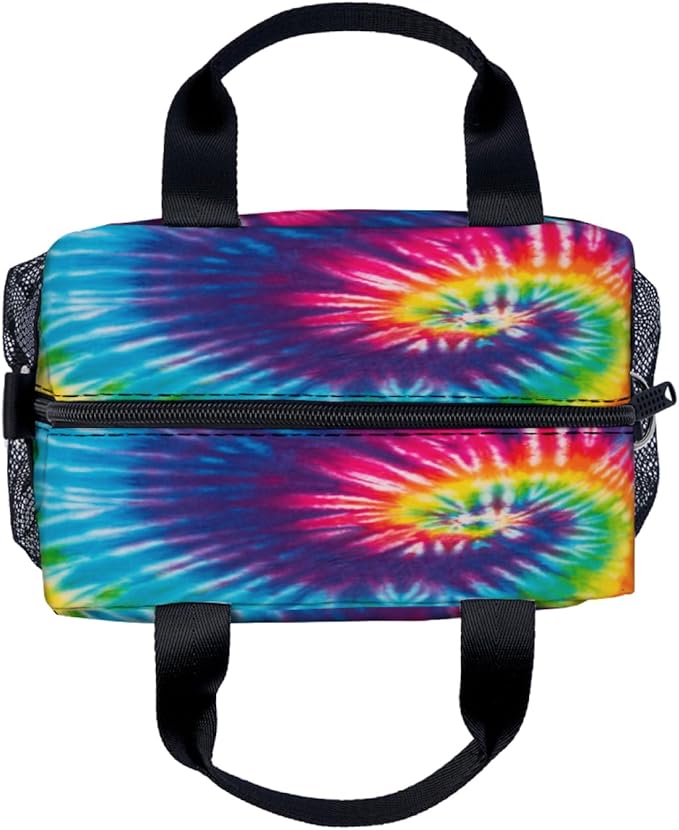 Tye Dye rainbow colors Lunch Bag for Women Men Cute Large Capacity Thermal Lunch Tote Reusable Washable with Adjustable Shoulder Strap and Dual Large Mesh Side Pockets