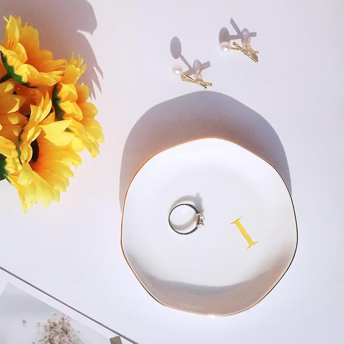 Ceramic Jewelry Tray Initial Ring Dish Personalized B-Monogrammed Engagement Wedding Gifts, for Birthday Mother's Day Christmas for Women, Ceramic White 4.75" (I)