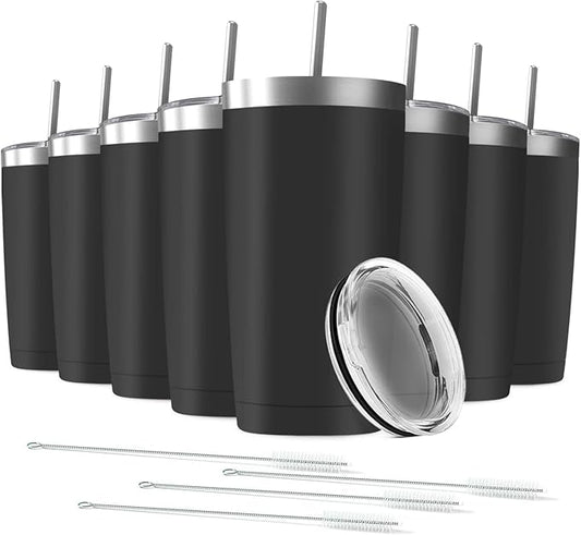 20oz Tumbler Vacuum Insulated Travel Mug with Lids, Stainless Steel Double Wall Bulk Cup for Home, Office, Outdoor Suitable for Vehicle Cup Holders(Set of 8, Black)