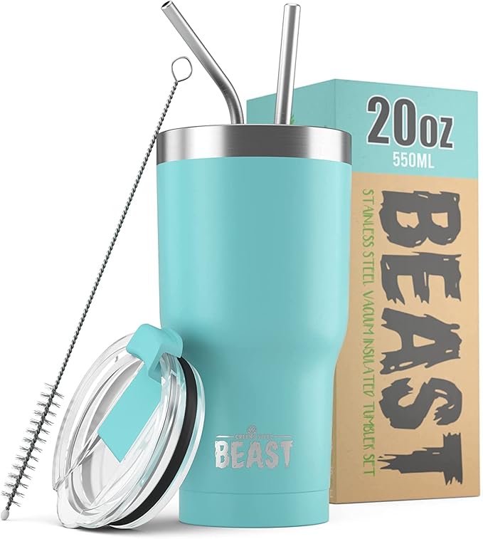 Beast 20 oz Tumbler Stainless Steel Vacuum Insulated Coffee Ice Cup Double Wall Travel Flask (Aquamarine Blue)