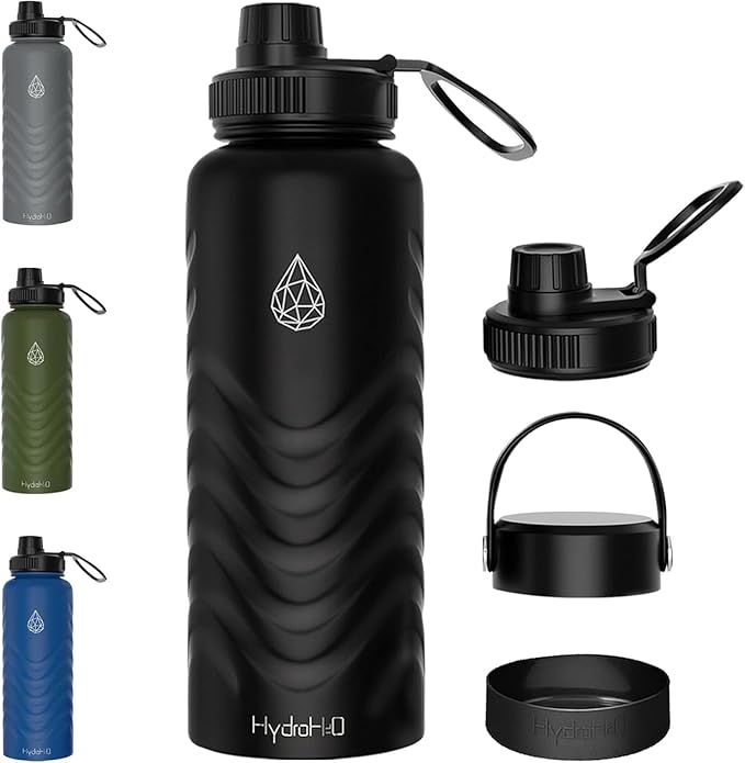 32oz Stainless Steel Insulated Water Bottle, 48H Cold & 24H Hot, Leak-Proof Wide Mouth Lids (Straw & Spout), BPA-Free Bottles, Mens Water Bottle for Gym, Hiking, Travel - Black