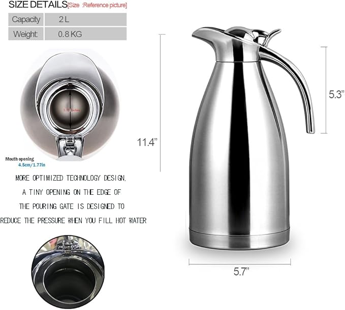 Sumerflos 68 Oz Stainless Steel Coffee Thermal Carafe/Double Walled Vacuum Thermos Insulated / 12 Hour Heat Retention / 2 Liters (Silver)
